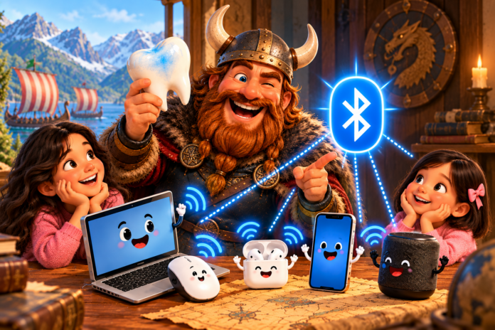 Rei Harald com Júlia e Beatriz Harald “Bluetooth”, o rei que deu nome à tecnologia, em ilustração com Júlia e Beatriz. Concepção: José Roberto de Souza Dias | Imagem produzida com ChatGPT/OpenAI.
